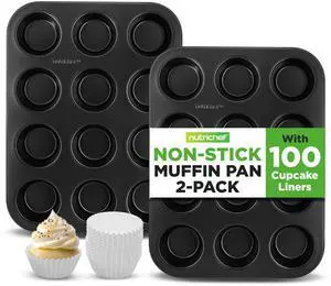 NutriChef Muffin Pans for Baking | Nonstick Cupcake Tins w/ 12-Cups, Carbon Steel Stackable Cup Cake Tray w/ 100pcs Parchment Paper Liners | Dishwasher & Oven Safe | 2-Piece Set, Black
