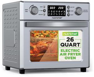 NutriChef 26L Electric Air Fryer Oven | 1700W Countertop Rotisserie & Air Fryer | 360° Rotating Feature | 10 Digital Menu Presets | Includes Drip Tray, Air Frying Basket & Bake Rack 15x16x14 (Silver)