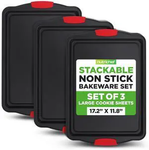 NutriChef 3-Piece Large Nonstick Cookie Sheets for Baking | Premium Food-Grade Carbon Steel, Non-Stick Tray Set with Silicone Handles, Oven Safe up to 446°F | Easy to Clean, 17.2 x 11.8 x 0.7 Inch