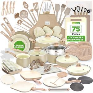 NutriChef 75-Piece Non-Stick Pots and Pans Set, Complete Ceramic Cookware Set with Bakeware, Utensils, Knife Set, & Accessories, Stain-Resistant, Food-Grade Safe, Cream/Brown