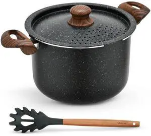 NutriChef 5qt Pasta Pot with Strainer Lid & Pasta Fork | Non-Stick Cooking Pot | Lockable Lid, Heat Resistant Handles | Even Heat Distribution | Easy Clean | Black Marble