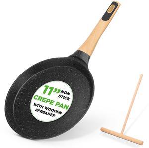 NutriChef 11 Non-Stick Crepe Pan with Wooden Spreader, Durable Marble Coated Dosa Pan, Bakelite And Wood Handle With Induction Bottom, Easy-to-Clean, Stain-Resistant (Black Marble)