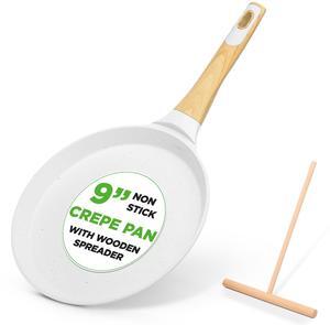 NutriChef 9.45 Non-Stick Crepe Pan with Wooden Spreader, Durable Marble Coated Dosa Pan, Bakelite Handle and Induction Bottom, PFOA/PFOS Free, Dishwasher Safe, Even Heat Distribution (White Cream)