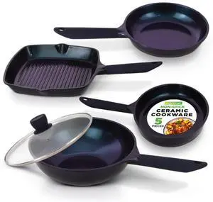 NutriChef 5-Piece Frying Pan Cooking Set, Non-Stick Ceramic Pan Set with Grill Pan and Wok, Stain-Resistant Frying Pans With Cool-Touch Handles, Tempered Glass Lid, PTFE/PFOA/PFOS Free (Blue Diamond)
