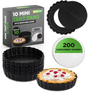 NutriChef Mini Tart Pans 10 Nonstick Molds With Removable Bottoms | 4 Inch Heavy Duty Steel Quiche Pans | Oven & Dishwasher Safe | Fluted Sides for Sweet & Savory Foods | Includes 200 Parchment Papers