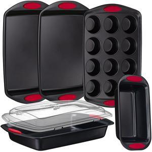 NutriChef 5-Piece Baking Pan Set - Carbon Steel Stackable Bakeware with Red Silicone Handles & Nonstick Coating, Includes Cookie Sheets, Roaster Pan with Lid, Loaf Pan, and 12 Cup Muffin Pan (Black)
