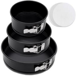 NutriChef 3-Piece Nonstick Springform Pan Set - Premium Carbon Steel Cheesecake Pans with Stainless Steel Clasp - 6", 8", 10" Sizes, Oven Safe up to 450°F - Includes 300pcs Parchment Paper (Black)