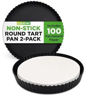 NutriChef 2 Round Tart Pans | 9 Inch Carbon Steel Tart Baking Trays with Removable Base | Nonstick & Even Heat Distribution | Includes 100 Parchment Papers | Height of 1 Inch | Black