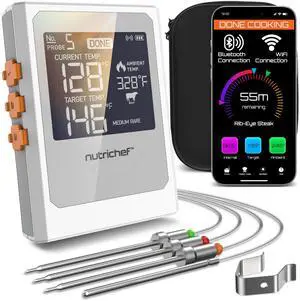 Nutrichef Wireless Meat Thermometer with 2 Stainless Steel Probes, Bluetooth and WiFi Smartphone App for Monitoring Food Temp and Remote Alerts, Digital Display, for Grilling and BBQ Smoking