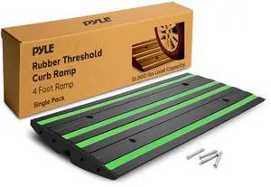 Pyle 4 ft. Rubber Threshold Curb Ramp, Heavy Duty, Non-Slip Car Ramp for Driveways, Garages, and Sidewalks, Green Reflective Strips, Waterproof, with Expansion Screws, 48.0x 16.0 x 2.6 Inch