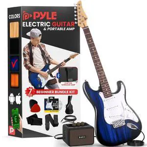 Pyle Full Size Electric Guitar Kit with 5W Amplifier, Gig Bag, Picks, Spare Strings, and Strap, ST-Style Beginner Guitar Bundle with 22 Frets, Paulownia Wood Body, Blue