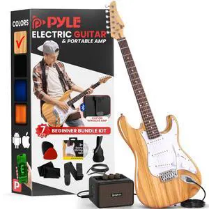 Pyle Full Size Electric Guitar Kit with 5W Amplifier, Gig Bag, Picks, Spare Strings, and Strap, ST-Style Beginner Guitar Bundle with 22 Frets, Paulownia Wood Body, Natural