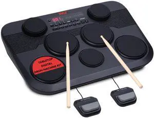 Pyle Electronic Tabletop Digital Drum Set, Compact Portable Drum Pad Kit w/ 7 Touch Sensitive Drum Pads and Pedals, 273 Sounds, USB & Headphone Outputs, MIDI/AUX Inputs, 4x5 Drums & 3x3.5 Cymbals