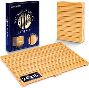 SereneLife Foldable Bamboo Bath and Shower Mat, Non-Slip Floor Mat for Bathroom, Sauna, Spa - Dual Non-Slip Surfaces, Withstands up to 300lbs Weight, Easy Storage - Natural