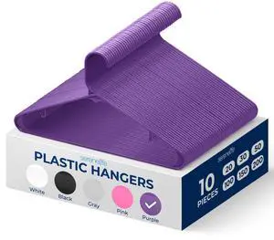 SereneLife 10-Pack Plastic Hangers, Non-Slip, Space-Saving Closet Organizers, Durable and Strong for Shirts, Sweaters, Hoodies, Kids Clothes & Dresses, Ultra-Thin, Lightweight - Purple