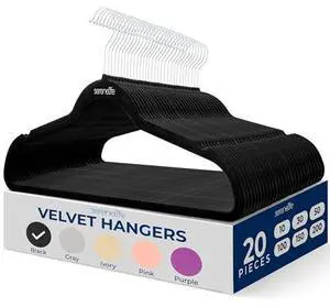SereneLife Velvet Hangers 20 Pack - Non-Slip Felt Hangers with 360° Swivel Hook - Ultra-Thin, Lightweight Velvet Hangers for Shirts, Sweaters, Hoodies, Kids Clothes & Dresses - Space-Saving, Black