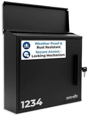 SereneLife Outdoor Wall Mailbox | 0.46 Cubic FT Locking Mailbox | Easy Installation, Secure Lock Mechanism | Ideal for Residential or Commercial Use | Wall Mountable 13.77" x 4.52" x 12.99 | Black