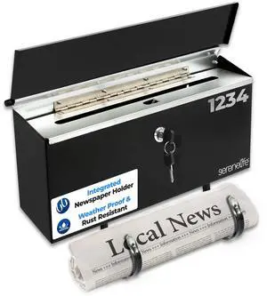 SereneLife Outdoor Wall Mailbox & Newspaper Holder | 0.24 FT Cubic Mailbox | Easy Installation, Secure Lock Mechanism | Ideal for Residential or Commercial Use | Wall Mountable | 15x3x11 in | Black