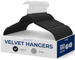 SereneLife 100-Piece Shirt Hangers, Premium Non-Slip Velvet Hangers Pack with 360° Swivel Hooks, Slim Space-Saving Design for Tops, Jackets, Blouses, & Strappy Dresses, Supports 8 lbs, (Black)