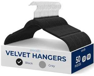 SereneLife 50-Piece Shirt Hangers, Premium Non-Slip Velvet Hangers Pack with 360° Swivel Hooks, Slim Space-Saving Design for Tops, Jackets, Blouses, & Strappy Dresses, Supports 8 lbs, (Black)