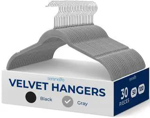 SereneLife 30-Piece Shirt Hangers, Premium Non-Slip Velvet Hangers Pack with 360° Swivel Hooks, Slim Space-Saving Design for Tops, Jackets, Blouses, & Strappy Dresses, Supports 8 lbs (Grey)