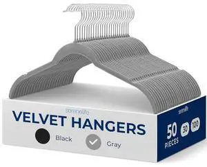 SereneLife 50-Piece Shirt Hangers, Premium Non-Slip Velvet Hangers Pack with 360° Swivel Hooks, Slim Space-Saving Design for Tops, Jackets, Blouses, & Strappy Dresses, Supports 8 lbs (Grey)