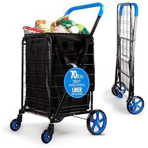 SereneLife Small Foldable Shopping Cart with Cart Liner - 17.72" x 21" x 36.6" Collapsible Grocery Cart with 70 lbs. Capacity, Removable and Weatherproof Cart Liner, 360° Swivel Wheels (Blue)