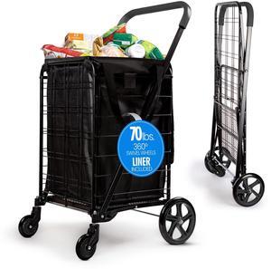 SereneLife Small Foldable Shopping Cart with Cart Liner - 17.72" x 21" x 36.6" Collapsible Grocery Cart with 70 lbs. Capacity, Removable and Weatherproof Cart Liner, 360° Swivel Wheels (Black)