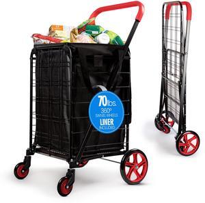 SereneLife Small Foldable Shopping Cart with Cart Liner - 17.72" x 21" x 36.6" Collapsible Grocery Cart with 70 lbs. Capacity, Removable and Weatherproof Cart Liner, 360° Swivel Wheels (Red)