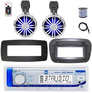 Dual MXD13 Single DIN Bluetooth Marine MP3 AM/FM Stereo Receiver, Spa bezel, Adapter Plate, Radio Antenna, Wire, 2x 6.5" 600 Watt Max 2-Way Full Range Waterproof Wireless RF Streaming Speakers (White)