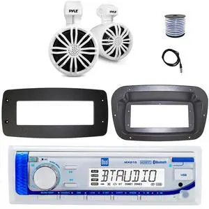 Dual MXD13 Single DIN Bluetooth Marine MP3 AM/FM Stereo Receiver, Spa bezel, Adapter Plate, 22" Radio Antenna, Wire, 2x 4'' 100 Watt Peak Full Range Dual Cone Waterproof Stereo Speakers (White) Dual MXD13 Single DIN Bluetooth Marine MP3 AM/FM Stereo Receiver, Spa bezel, Adapter Plate, 22" Radio Antenna, Wire, 2x 4'' 100 Watt Peak Full Range Dual Cone Waterproof Stereo Speakers (White)