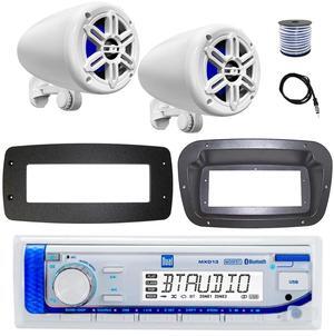 Dual MXD13 Single DIN Bluetooth Marine MP3 AM/FM Stereo Receiver, Spa bezel, Adapter Plate, 22" Radio Antenna, Wire, 2x 6.5" 250 Watt Max 2-Way Waterproof Multicolor LED Audio Speakers (White)