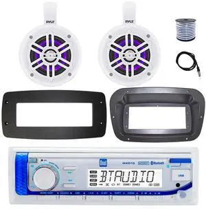 Dual MXD13 Single DIN Bluetooth Marine MP3 AM/FM Stereo Receiver, Spa bezel, Adapter Plate, 22" Radio Antenna, Wire, 2x 4" 100 Watt Max 2-Way Blue Flashing LED Boat Audio Speakers (White) Dual MXD13 Single DIN Bluetooth Marine MP3 AM/FM Stereo Receiver, Spa bezel, Adapter Plate, 22" Radio Antenna, Wire, 2x 4" 100 Watt Max 2-Way Blue Flashing LED Boat Audio Speakers (White)