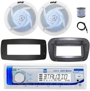 Dual MXD13 Single DIN Bluetooth Marine MP3 AM/FM Stereo Receiver, Spa bezel, Adapter Plate, 22" Radio Antenna, Wire, 2x 6'' 240 Watt Max Power 2-Way Blue Flashing LED Audio Speakers (White)