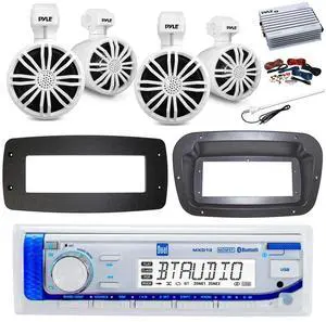 Dual MXD13 Single DIN Bluetooth Marine MP3 AM/FM Stereo Receiver, Spa bezel, Adapter Plate, 22" Radio Antenna, Wire, 4x 4'' 100 Watt Peak Full Range Dual Cone Waterproof Stereo Speakers (White) Dual MXD13 Single DIN Bluetooth Marine MP3 AM/FM Stereo Receiver, Spa bezel, Adapter Plate, 22" Radio Antenna, Wire, 4x 4'' 100 Watt Peak Full Range Dual Cone Waterproof Stereo Speakers (White)