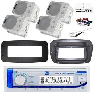 Dual MXD13 Single DIN Bluetooth Marine MP3 AM/FM Stereo Receiver, Spa bezel, Adapter Plate, Radio Antenna, Wire, 4x 5.25" 600 Watt Max Power Bluetooth Indoor/Outdoor Waterproof Audio Speakers (White)