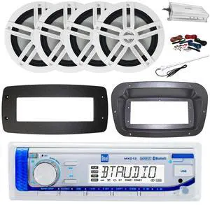 Dual MXD13 Single DIN Bluetooth Marine MP3 AM/FM Stereo Receiver, Spa bezel, Adapter Plate, 22" Radio Antenna, Wire, 4x 6.5" 180 Watt Max Power 2-Way Water Resistant Audio Speakers (White)