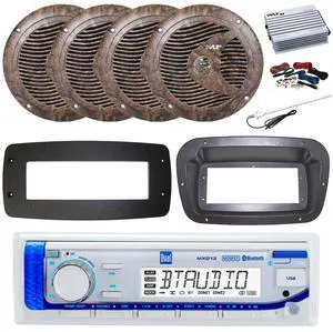 Dual MXD13 Single DIN Bluetooth Marine MP3 AM/FM Stereo Receiver, Spa bezel, Adapter Plate, 22" Radio Antenna, Wire, 4x 6.5" 150 Watt Max Full Range Dual Cone Waterproof Stereo Speakers (White)