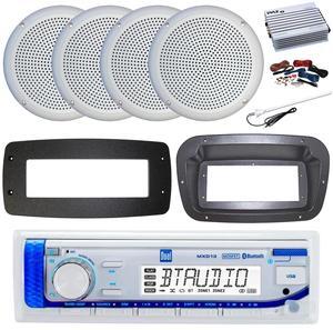Dual MXD13 Single DIN Bluetooth Marine MP3 AM/FM Stereo Receiver, Spa bezel, Adapter Plate, 22" Radio Antenna, Wire, 2x 5.25" 400W Max 2-Way Water Resistant Audio Speakers (Silver)