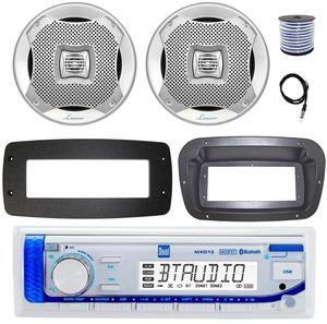 Dual MXD13 Single DIN Bluetooth Marine MP3 AM/FM Stereo Receiver, Spa bezel, Adapter Plate, 22" Radio Antenna, Wire, 2x 4" 30 Watt Peak Water-Resistant 3-Way InDoor/OutDoor Audio Speakers (Black)