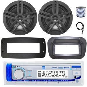 Dual MXD13 Single DIN Bluetooth Marine MP3 AM/FM Stereo Receiver, Spa bezel, Adapter Plate, 22" Radio Antenna, Wire, 2x 6.5" 120 Watt Peak Multicolor LED Boat Audio Speakers w/Chrome Grilles (Black)