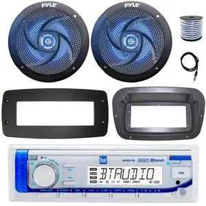 Dual MXD13 Single DIN Bluetooth Marine MP3 AM/FM Stereo Receiver, Spa bezel, Adapter Plate, 22" Radio Antenna, Wire, 2x 4" 100 Watt Peak 2-Way Blue Flashing LED Boat Audio Speakers (Black) Dual MXD13 Single DIN Bluetooth Marine MP3 AM/FM Stereo Receiver, Spa bezel, Adapter Plate, 22" Radio Antenna, Wire, 2x 4" 100 Watt Peak 2-Way Blue Flashing LED Boat Audio Speakers (Black)