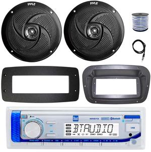 Dual MXD13 Single DIN Bluetooth Marine MP3 AM/FM Stereo Receiver, Spa bezel, Adapter Plate, 22" Radio Antenna, Wire, 2x 6'' 240 Watt Max Power 2-Way Blue Flashing LED Audio Speakers (Black)
