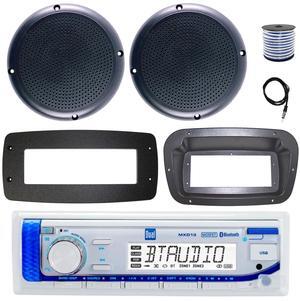 Dual MXD13 Single DIN Bluetooth Marine MP3 AM/FM Stereo Receiver, Spa bezel, Adapter Plate, 22" Radio Antenna, Wire, 4x 5.25" 400W Max 2-Way Water Resistant Audio Speakers (Silver)