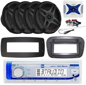Dual MXD13 Single DIN Bluetooth Marine MP3 AM/FM Stereo Receiver, Spa bezel, Adapter Plate, 22" Radio Antenna, Wire, 4x 4" 300W Max Bluetooth Waterproof Wakeboard LED Tower Speakers (Black)