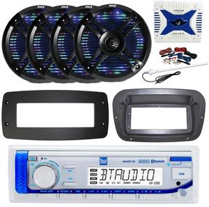 Dual MXD13 Single DIN Bluetooth Marine MP3 AM/FM Stereo Receiver, Spa bezel, Adapter Plate, 22" Radio Antenna, Wire, 4x 5.25" 20 Watt Max Polycone Audio Speakers (Black, Bulk Packaging)