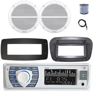 Pyle PLRMR23BTW Single DIN Bluetooth Marine MP3 Stereo Receiver, Spa bezel, Adapter Plate, 22" Radio Antenna, Wire, 2x 6.5" 180 Watt Peak 2-Way Blue Flashing LED Boat Audio Speakers (White)