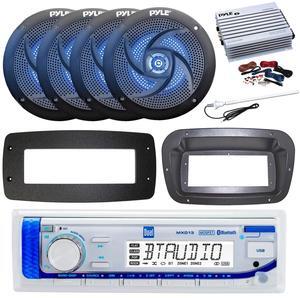 Dual MXD13 Single DIN Bluetooth Marine MP3 AM/FM Stereo Receiver, Spa bezel, Adapter Plate, 22" Radio Antenna, Wire, 4x 5.25" 180 Watt Max 2-Way Blue Flashing LED Boat Audio Speakers (Black)