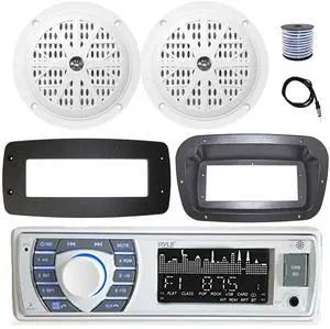Pyle PLRMR23BTW Single DIN Bluetooth Marine MP3 Stereo Receiver, Spa bezel, Adapter Plate, 22" Radio Antenna, Wire, 2x 5.25'' 100 Watt Peak Full Range Dual Cone Waterproof Stereo Speakers (White)