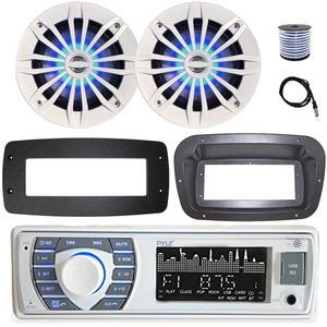 Pyle PLRMR23BTW Single DIN Bluetooth Marine MP3 Stereo Receiver, Spa bezel, Adapter Plate, 22" Radio Antenna, Wire, 2x 3.5" 300W Max Indoor/Outdoor Waterproof Wall Mount Speakers (White)